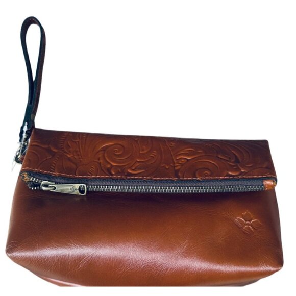 Patricia Nash Valerie Fold-over Wristlet Clutch Handbag Brown Tooled Leather - Picture 1 of 8